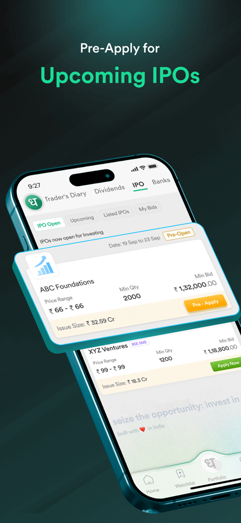 Dhan: Share Market Trading App - Mobile screen of the Dhan app displaying upcoming IPOs with pricing and application options