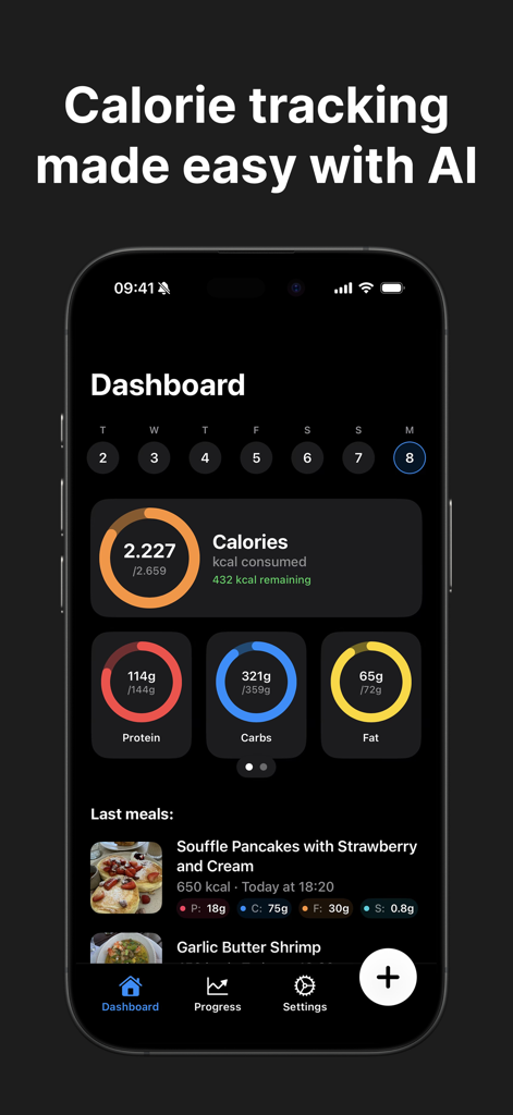 Eata - AI Calorie Tracker - Panel de la aplicación Eata que muestra la ingesta diaria de calorías y el seguimiento de la nutrición de macronutrientes