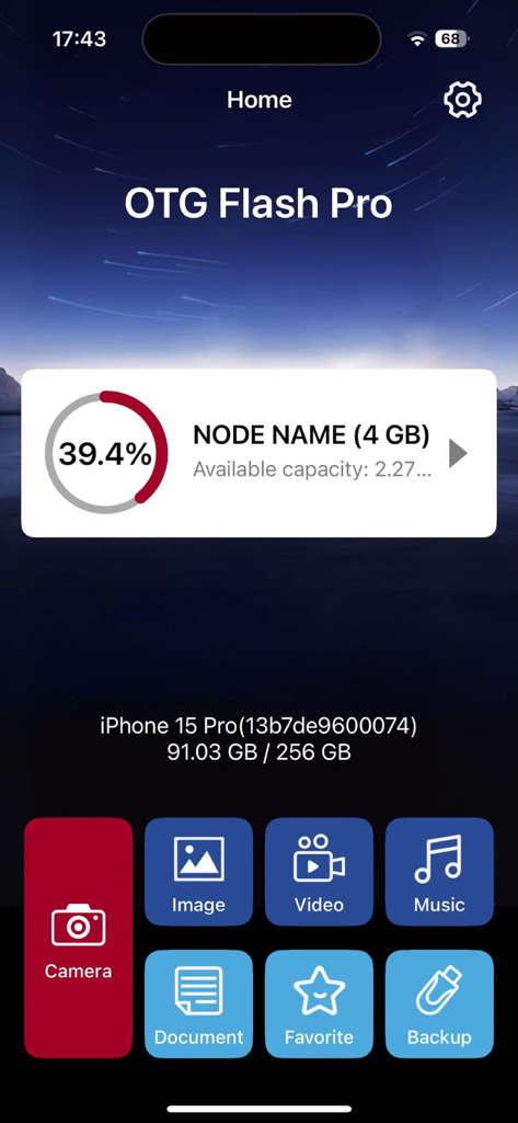 OTG Flash Pro - OTG Flash Pro app home screen displaying phone and USB storage status with file management categories