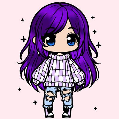 chibi girl with ripped jeans,long hair, and an oversized sweater