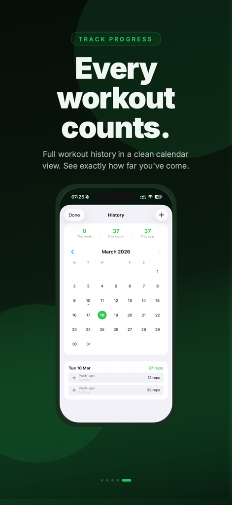 Rep Counter: Workout Tracker - Screenshot of the Rep Counter app showing a calendar view of workout history and monthly rep statistics.