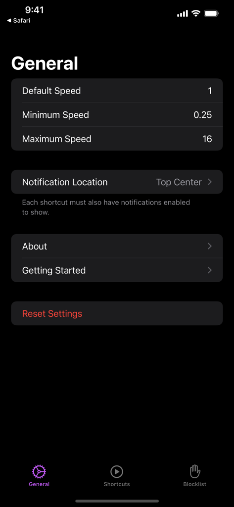 Accelerate for Safari - General settings screen of the Accelerate for Safari app showing video playback speed limits and notification options.