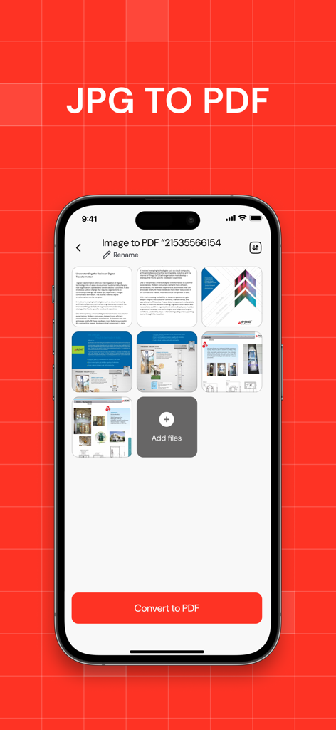 Interfaz de iPhone mostrando múltiples imágenes seleccionadas para ser convertidas en un único documento PDF.
