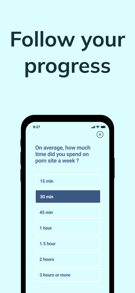 Tela do iPhone mostrando uma pesquisa de integração no aplicativo Blocker XXX para rastrear o progresso semanal.