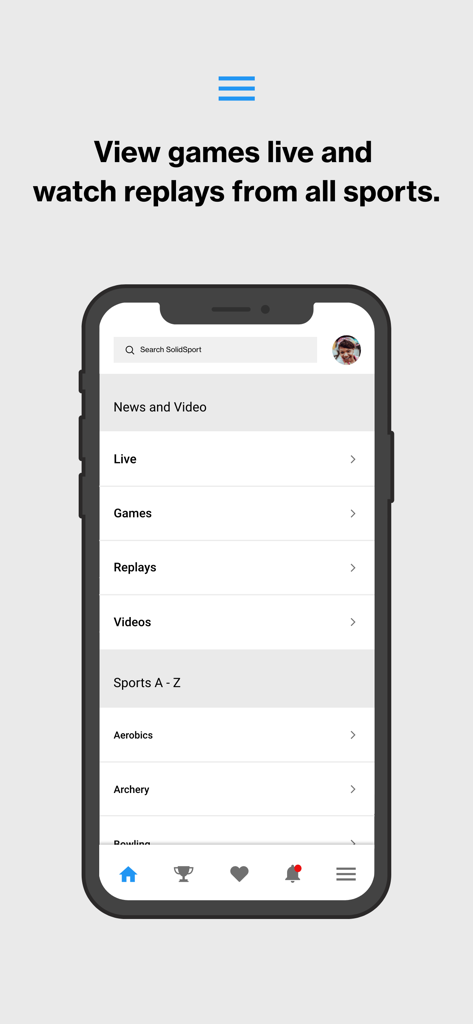 SolidSport - SolidSport app interface showing a menu for live games, replays, and various sports categories.