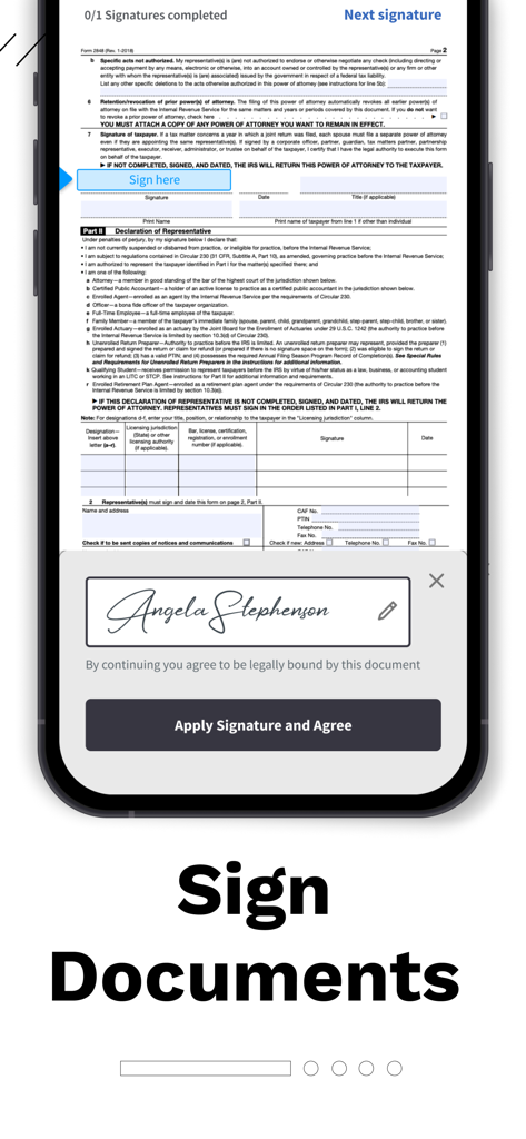 Un'interfaccia mobile per l'app Canopy Client Portal che mostra un documento fiscale che viene firmato digitalmente con un nome e un pulsante per applicare la firma.