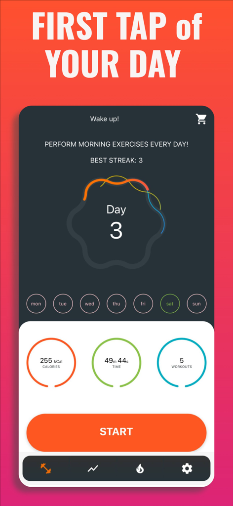 Wake up! Morning exercises - Wake up morning exercises app home screen showing workout streaks and statistics