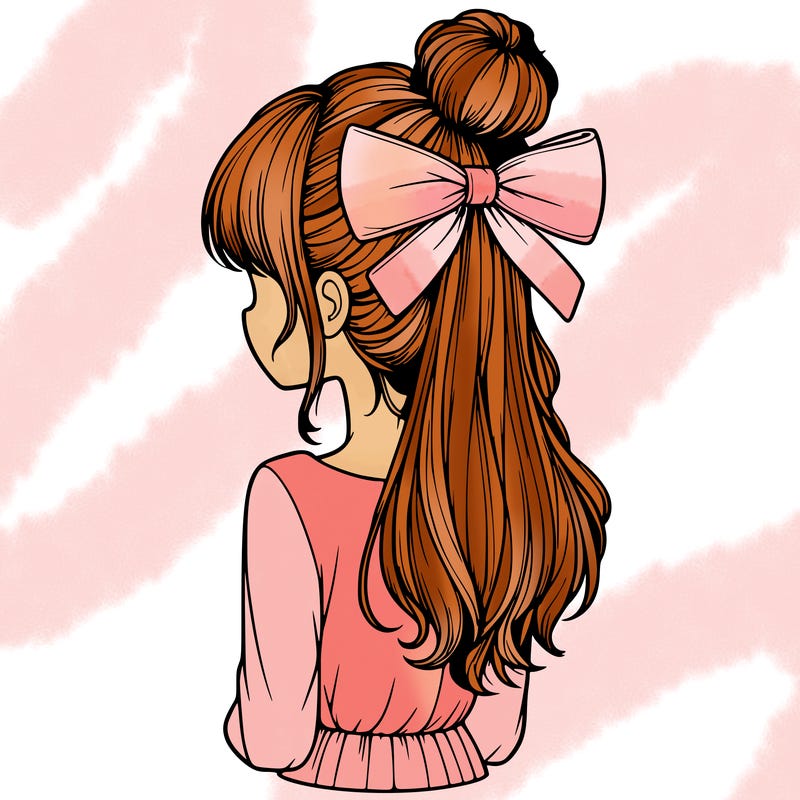 realistic girl  with hip length hair a bun and a big bow on the back of head