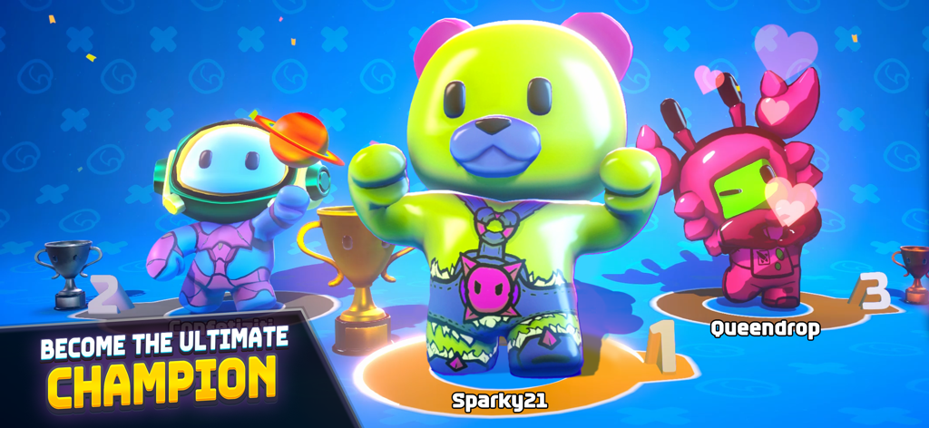 Rumble Club - Trois personnages personnalisés colorés célèbrent sur le podium des vainqueurs dans Rumble Club