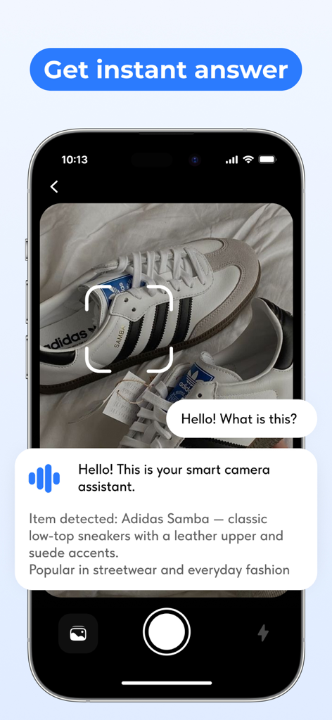 A smartphone interface using the Lens Scan app to identify a pair of Adidas Samba sneakers with an AI assistant.