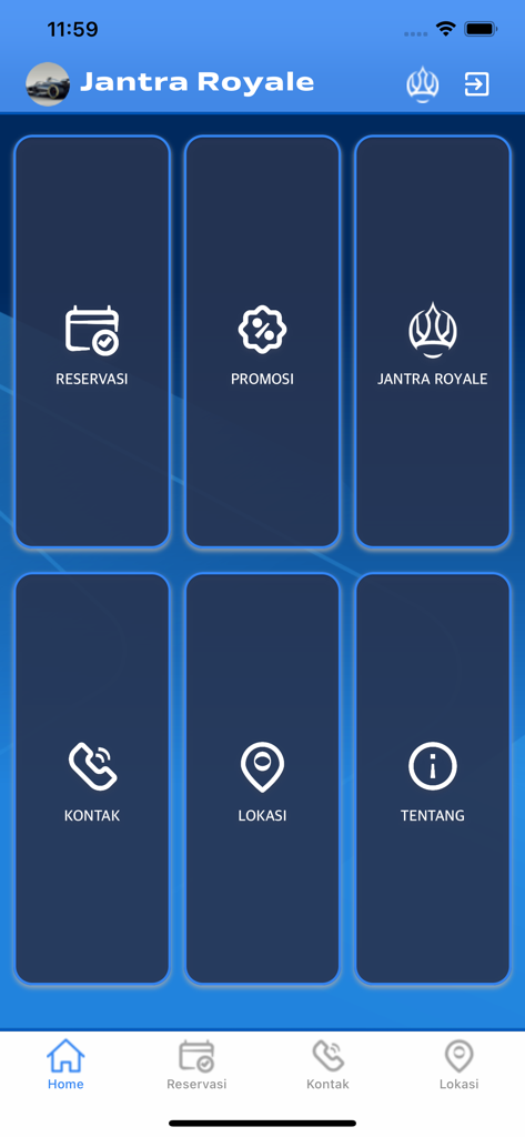 Jantra Royale - Main menu of the Jantra Royale app featuring reservation and promotion options for car suspension services