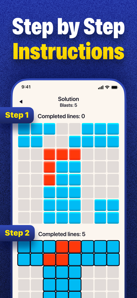 A screenshot showing step-by-step instructions for solving a block puzzle level with a visual grid.