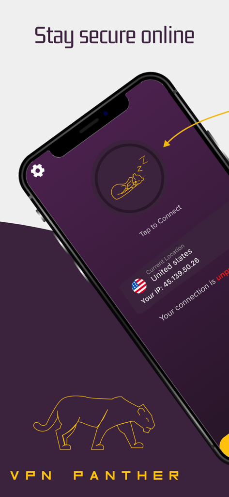 PantherVPN – Fast Secure VPN - Interface de l'application mobile PantherVPN montrant un bouton de connexion en un clic et la localisation des États-Unis