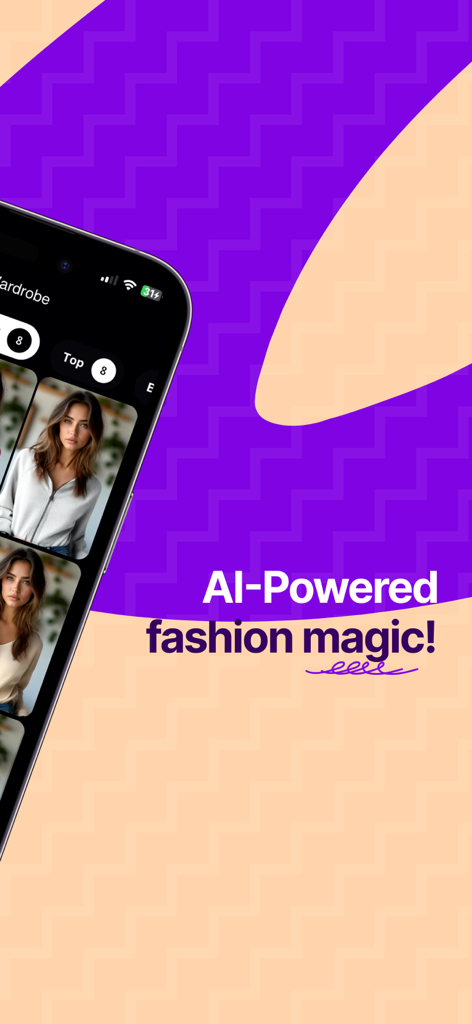 AI Clothes Changer: Dressy - Smartphone screen showing AI generated outfits in the Dressy virtual wardrobe with the text AI-Powered fashion magic