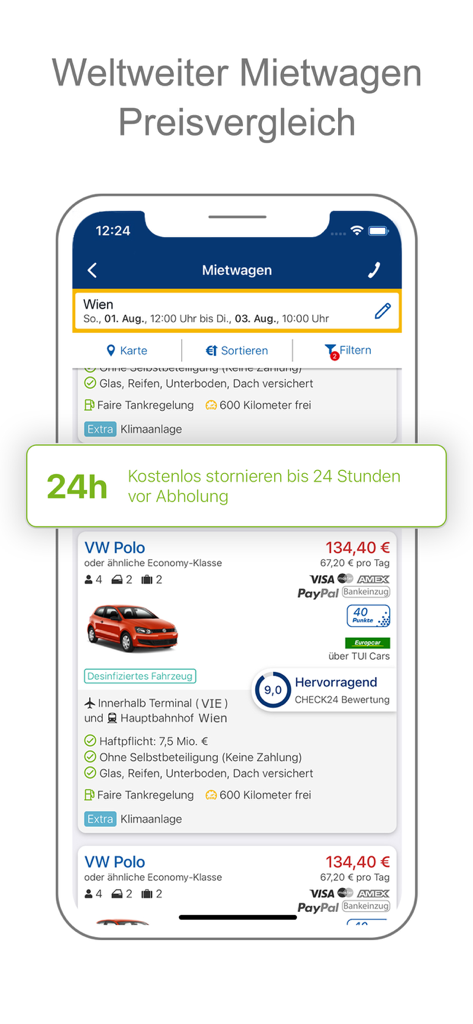 CHECK24 Österreich - Mobile app screen showing car rental price comparison for Vienna with a VW Polo offer and free cancellation details