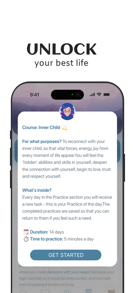 A mobile app screen showcasing a 14-day Inner Child course with a Get Started button.