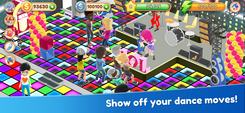 Un grupo de avatares 3D bailando en un suelo brillante y colorido en un club virtual