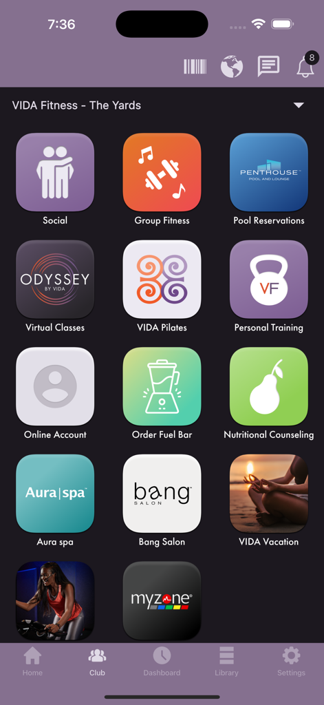 The VIDA Fitness app dashboard displaying a variety of club amenities including group fitness, personal training, and nutritional counseling