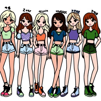 a group of girls wearing crop tops and shorts