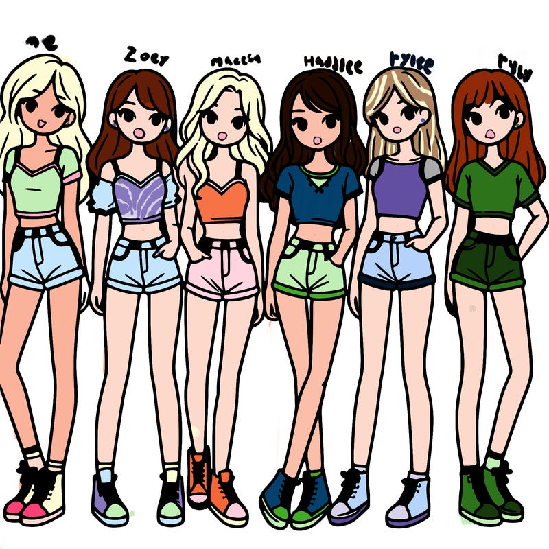 a group of girls wearing crop tops and shorts