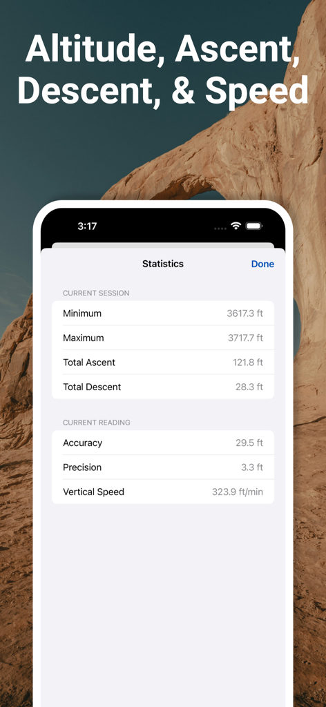 GPS Altimeter & Barometer - A statistics screen displaying altitude ascent descent and vertical speed data