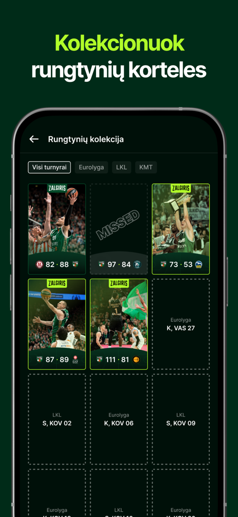 Žalgiris - Zalgiris mobile app showing a collection of digital basketball game cards