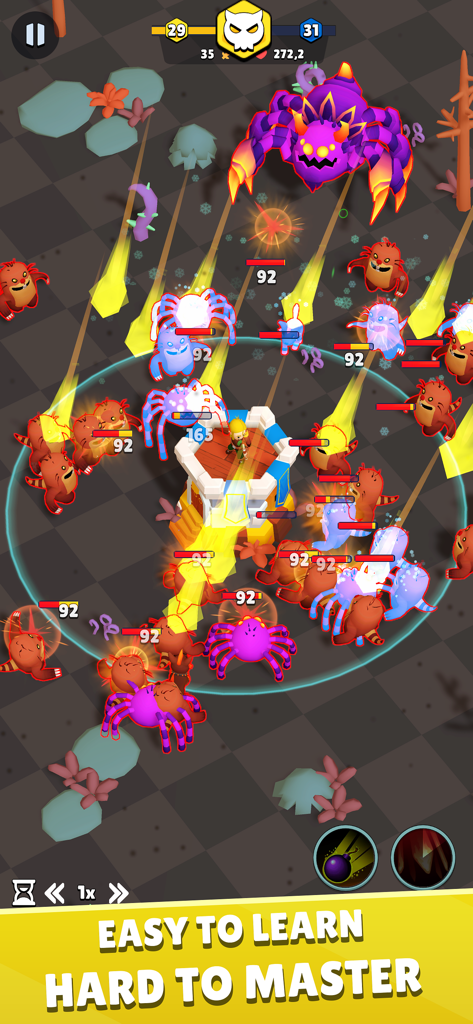 A lone archer defending a central tower from waves of colorful monsters and a giant spider boss.