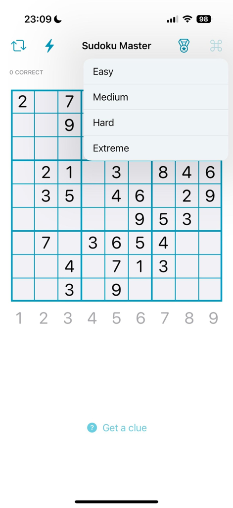 Sudoku Master: Brain Puzzle - Sudoku Master game interface showing a difficulty selection menu with levels from Easy to Extreme