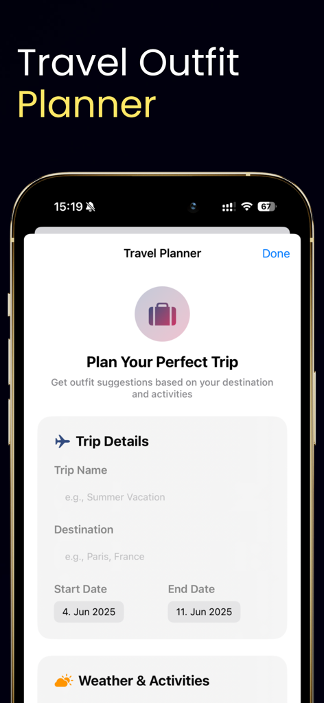 Closet & Outfit Organizer - Travel outfit planner screen showing trip details name destination and dates