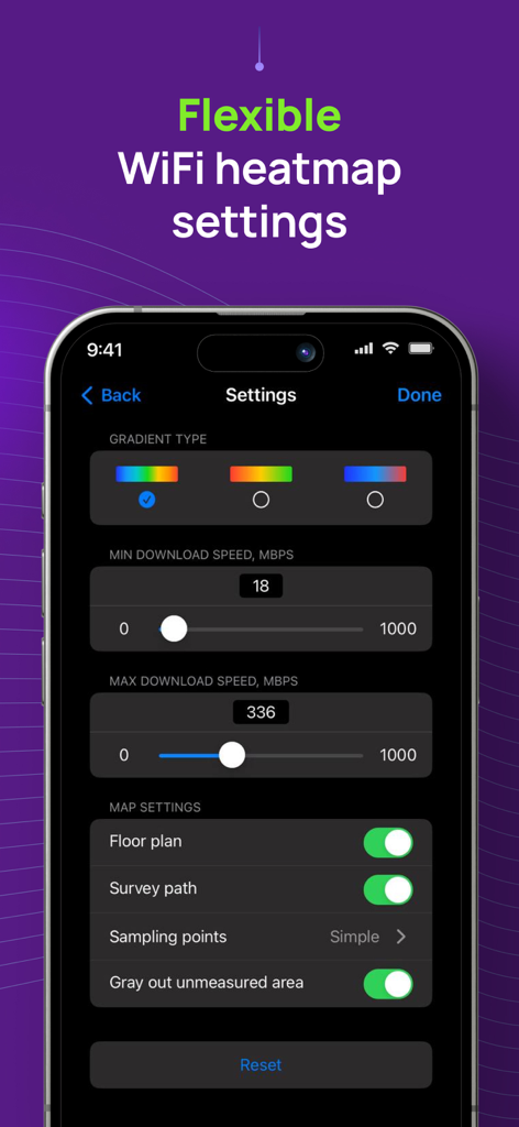 NetSpot WiFi Analyzer - Interfaz de la aplicación NetSpot que muestra configuraciones flexibles de mapas de calor WiFi, incluyendo tipos de gradiente y límites de velocidad de descarga.