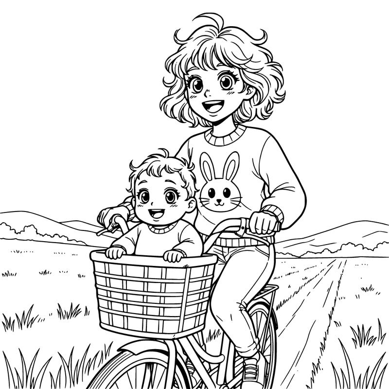 a baby with curly hair a girl holding her. the girl was wearing a bunny sweater with jeans the girl is 😊 ride in a bike the baby was in the  basket she ridin bike in the field. no trees and the baby,is 😊