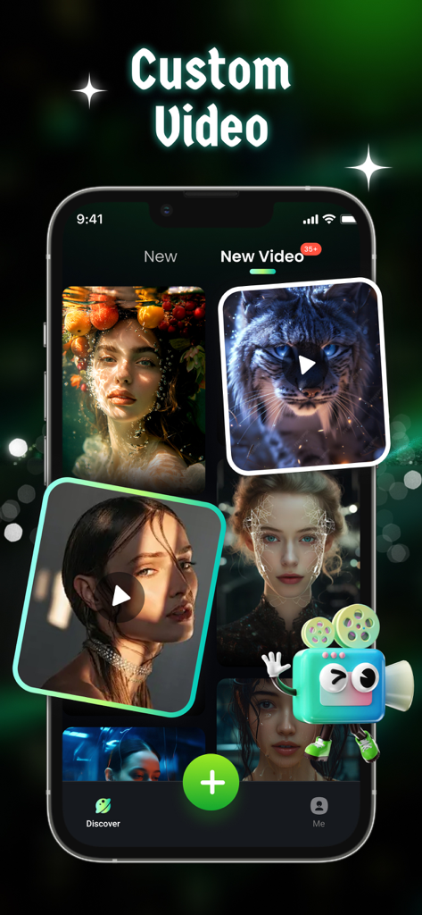 Vireel - AI Creative Studio - カスタム動画生成機能とAIポートレートを備えたVireel AIクリエイティブスタジオアプリが表示されたスマートフォンの画面。