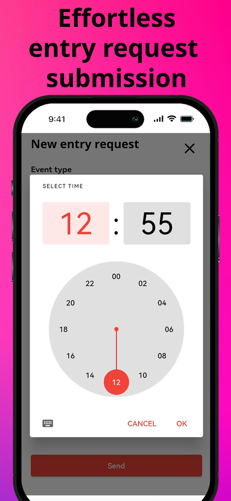 Interface of the Attendo Mobile app showing a new entry request submission with a time picker.