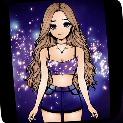 a realistic girl with long hair and in a crop top and shprts