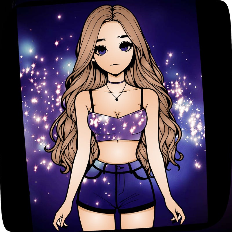 a realistic girl with long hair and in a crop top and shprts