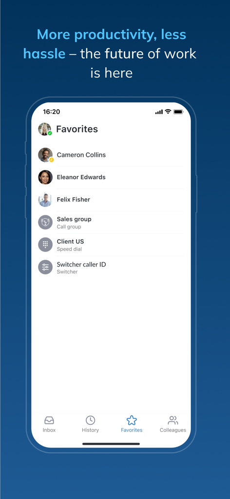 Interfaccia mobile Wildix Collaboration 7 che mostra l'elenco dei preferiti con nomi dei colleghi e stato di presenza.