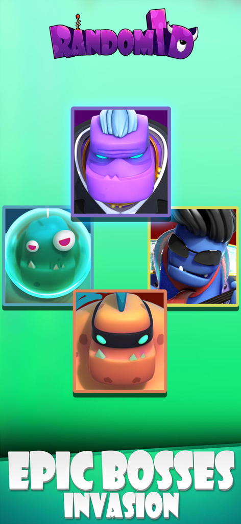 Four unique boss character portraits from the Random TD mobile game with the text Epic Bosses Invasion.