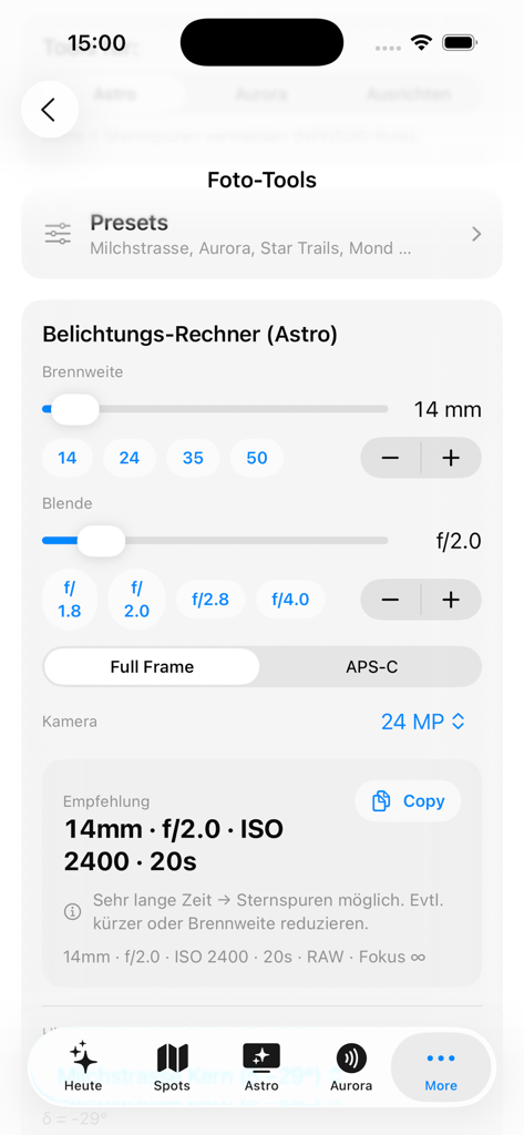 NightLens - NightLens 앱의 천체 노출 계산기 화면으로, 야간 촬영을 위한 권장 카메라 설정 표시.