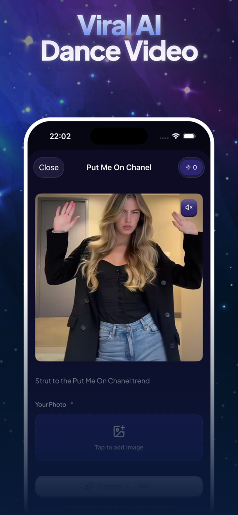 AI Video Generator: Vidzy - Vidzy app interface showing a viral AI dance video template for social media creators