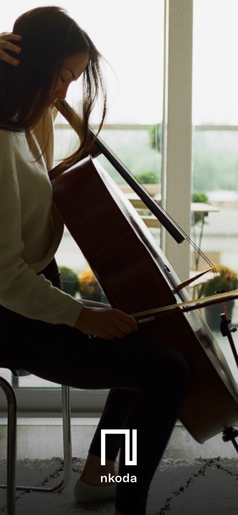A musician playing a cello with the nkoda logo at the bottom