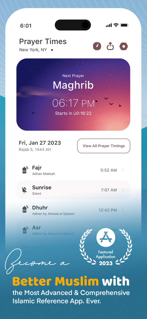 Muslim Mate: Azan Times, Quran - Muslim Mate app interface showing prayer times for New York with a countdown to Maghrib