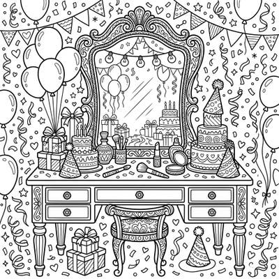 Step into a world of celebration with this festive coloring page featuring a beautifully decorated vanity table. It's adorned with birthday cakes, gifts, and makeup, all set for a special day of pampering and fun.