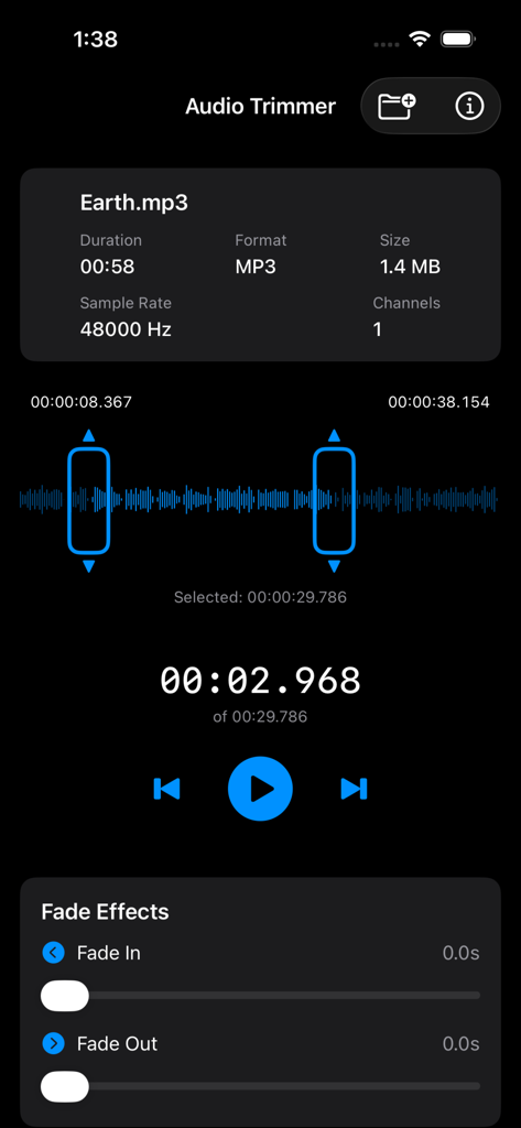Audio Trimmer Plus - Audio Trimmer Plus app interface showing audio waveform and fade effects