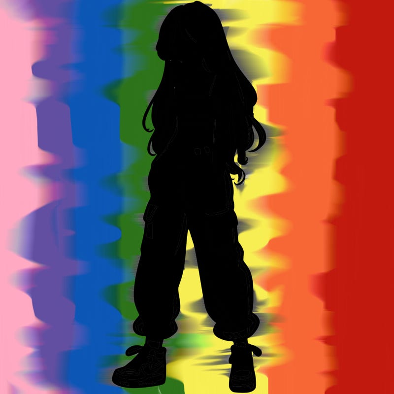 girl in baggy pants crop top and long hair