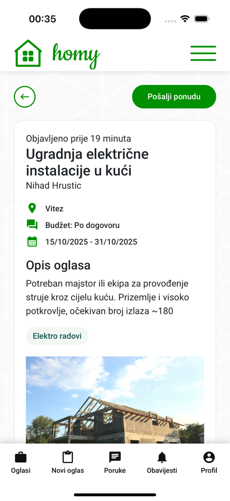 Homy.ba - Homy mobile app screen displaying a job post for residential electrical installation including project details and location.
