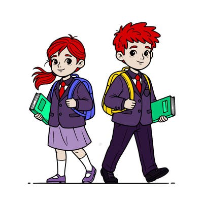 a twin brother and a twin sister with her backpack on their backs and they both are carrying a book they’re both wearing a uniform. the girl has a ponytail and the boy has a short hair that is kind of frizzy.