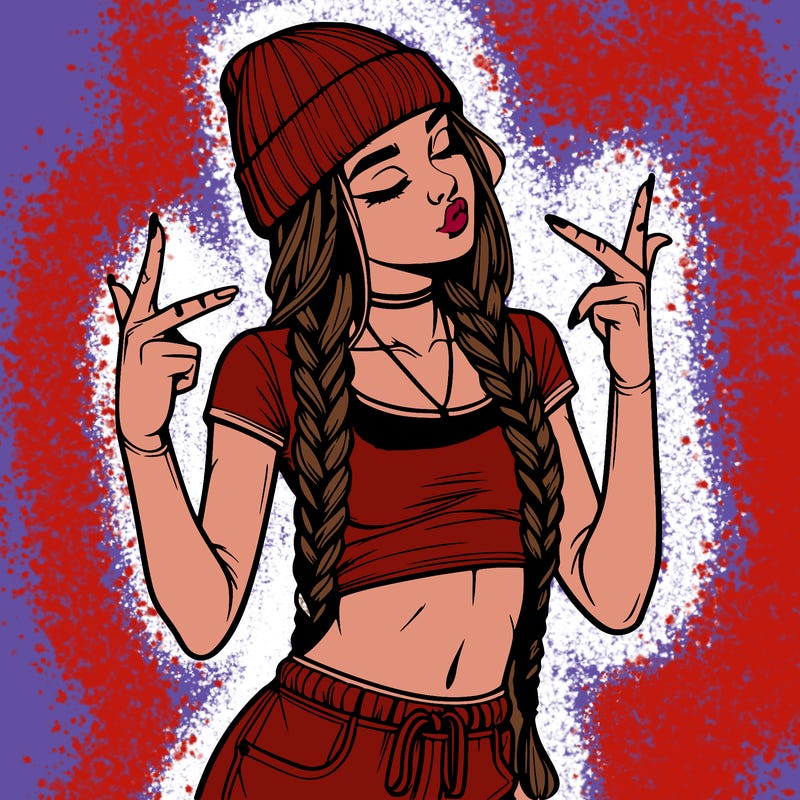 realistic teenage girl with braids and a beanie and crop top doing 🫶🏼