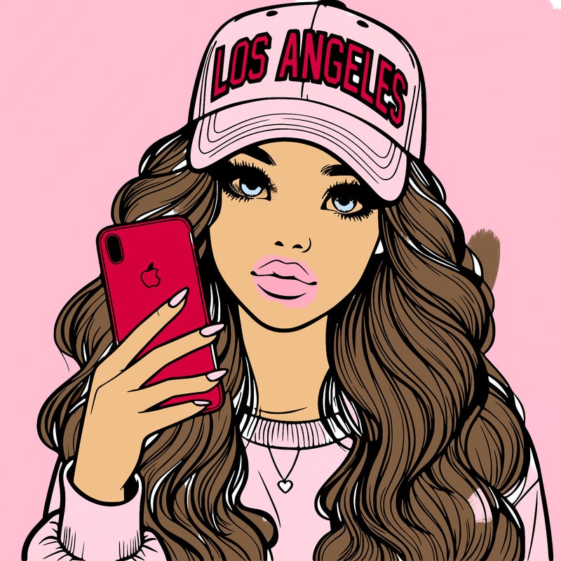 realistic beautiful girl wearing los ángeles cap holding an iphone