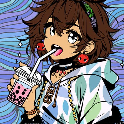 hot baddie anime girl drinking boba and biting the straw