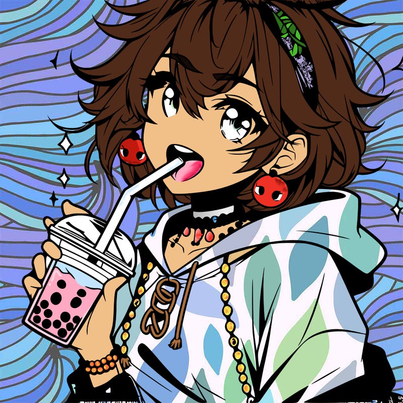 hot baddie anime girl drinking boba and biting the straw